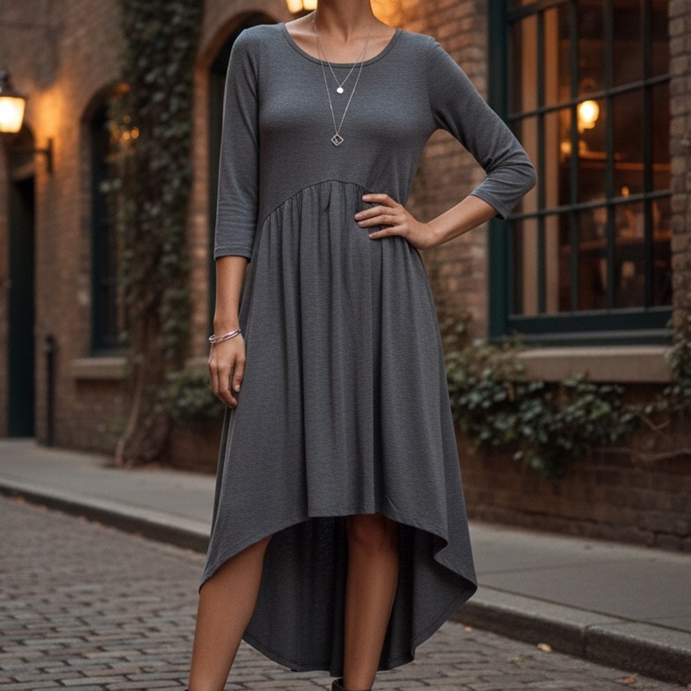 NEW Women's Asymmetrical 3/4 Sleeve Casual Swing Flare Dress Gray Size S